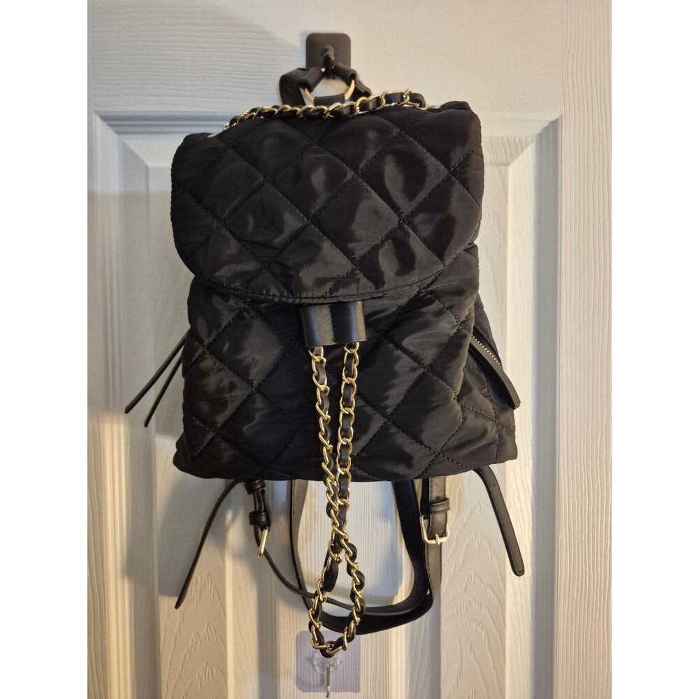 Quilted Black Backpack With Gold Chain Accents & Adjustable Straps